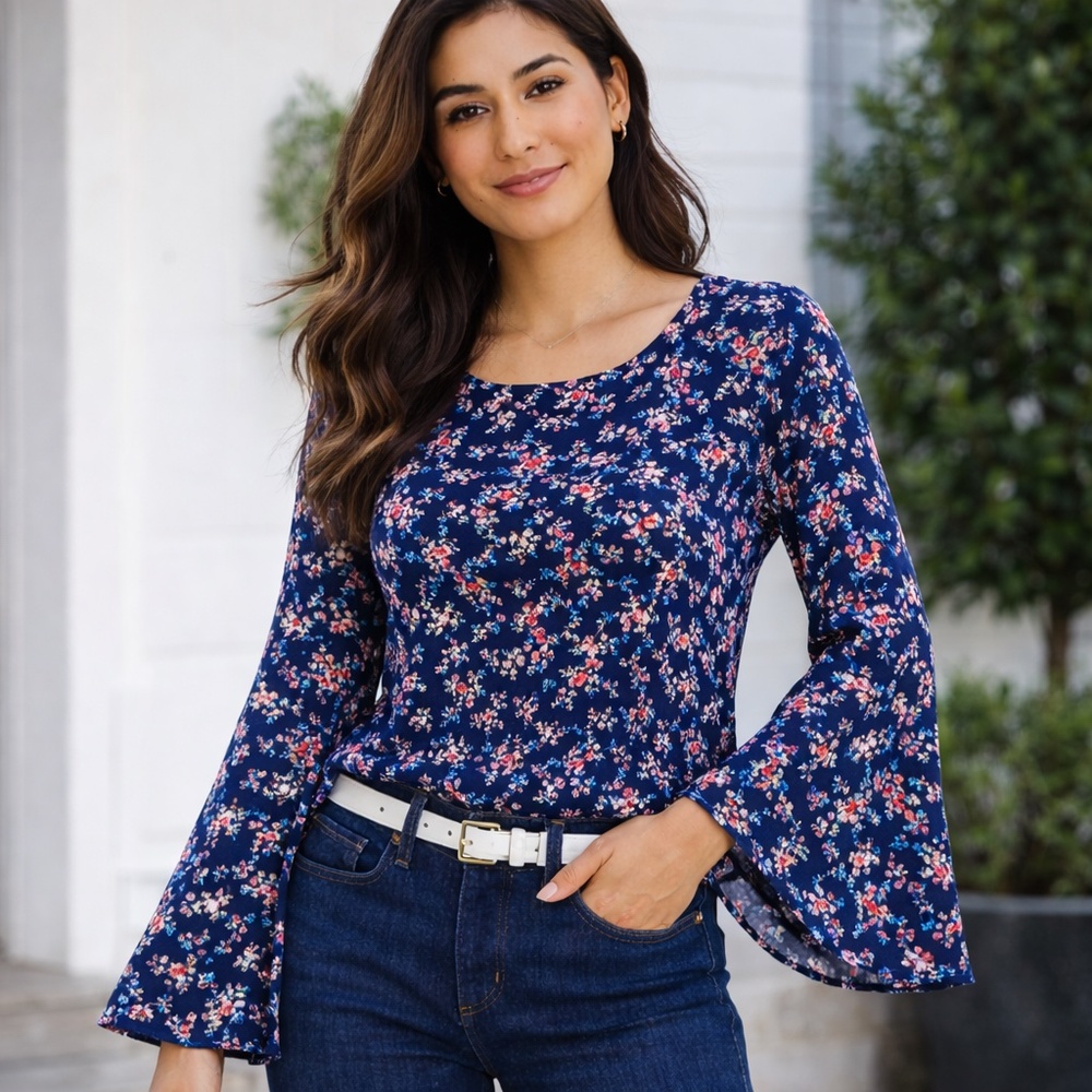 Feminine Casual Blue Floral Bell‎ Sleeve Blouse Flowy Medium
